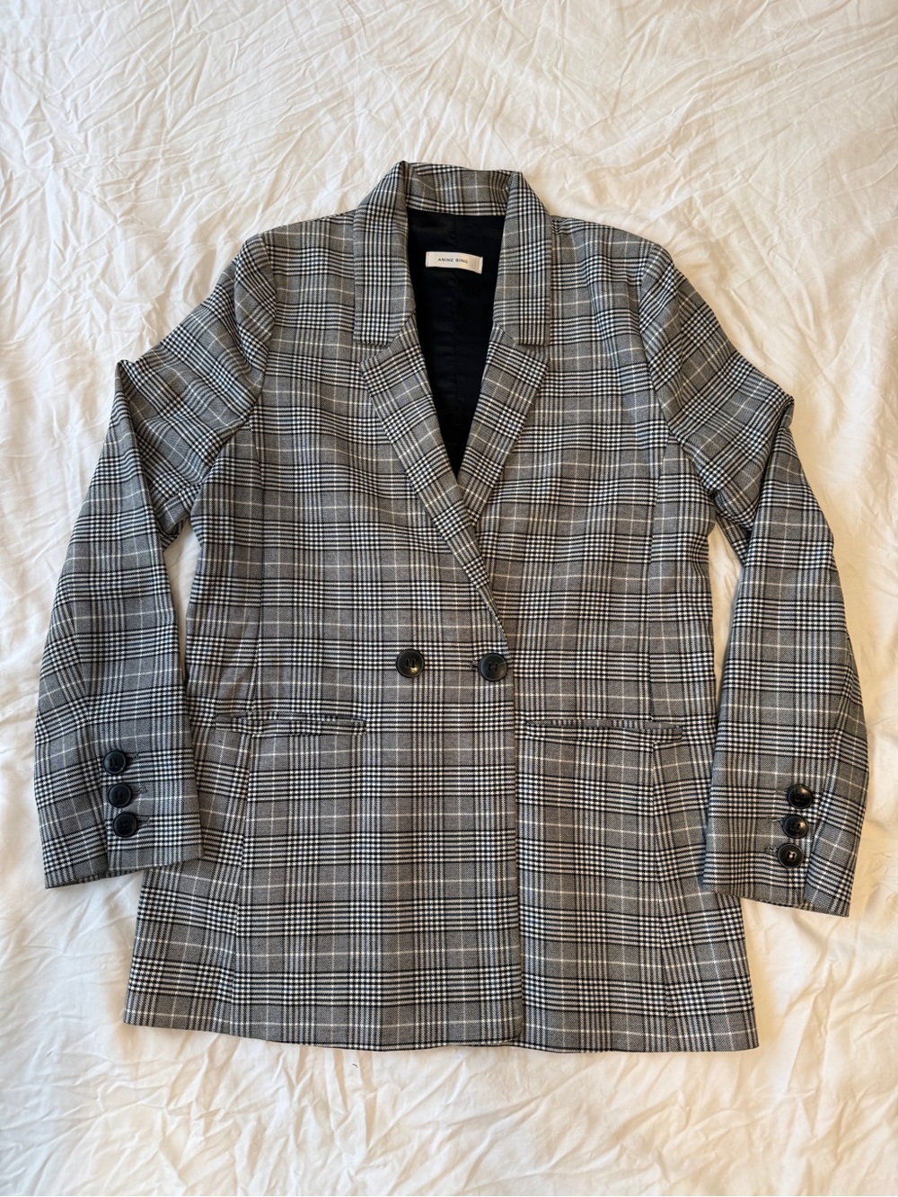 Annie Bing Checked Double-Breasted Women’s Blazer Jacket Gray White Blue Small